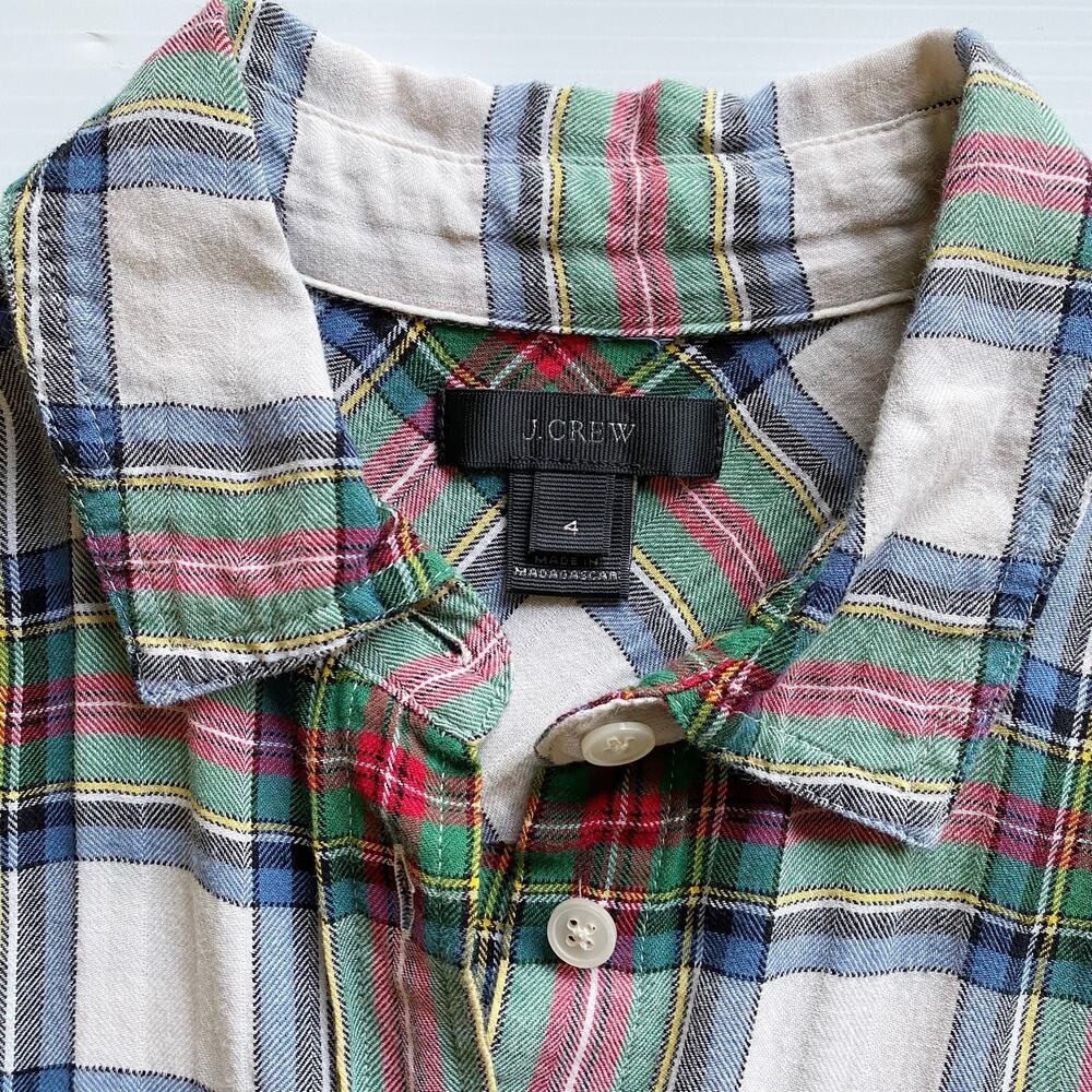 J.Crew Camp Shirt Womens 4 Green Blue Red Plaid Long Sleeve Button Up Pockets - Picture 5 of 9